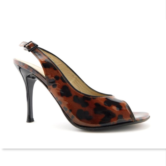 STUART WEITZMAN Leopard Patent Leather Open Toe Sling Heel Sandal Pumps 8.5 - Picture 2 of 8